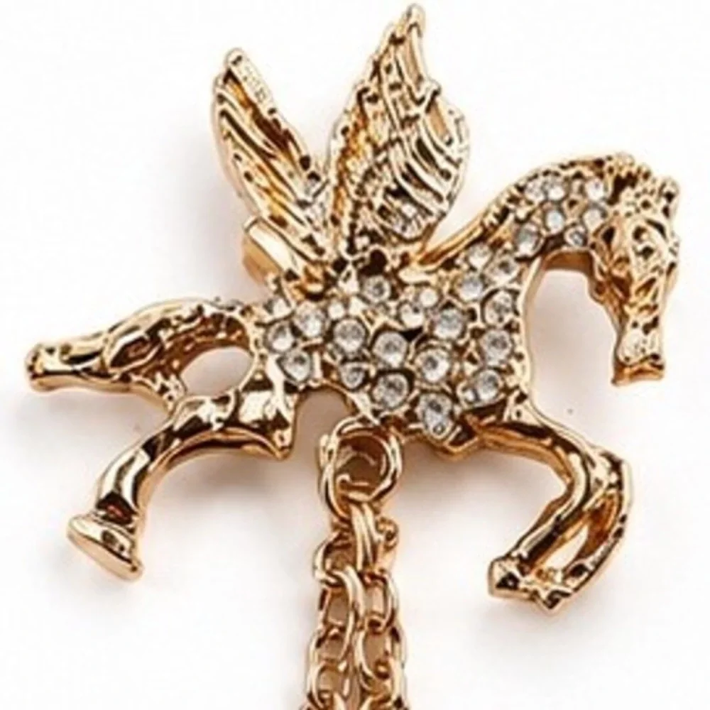 Pegasus & Horseshoe Rhinestone Draped Chain Brooch Collar Pin Hat Accessory